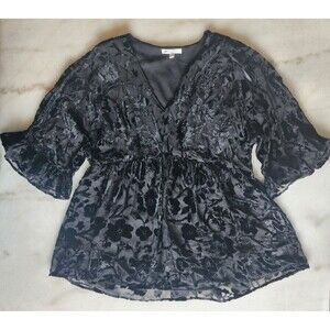 Danielle Rainn LG Velvet Burnout Black Floral Whimsigoth Flowy Peplum Blouse NWT